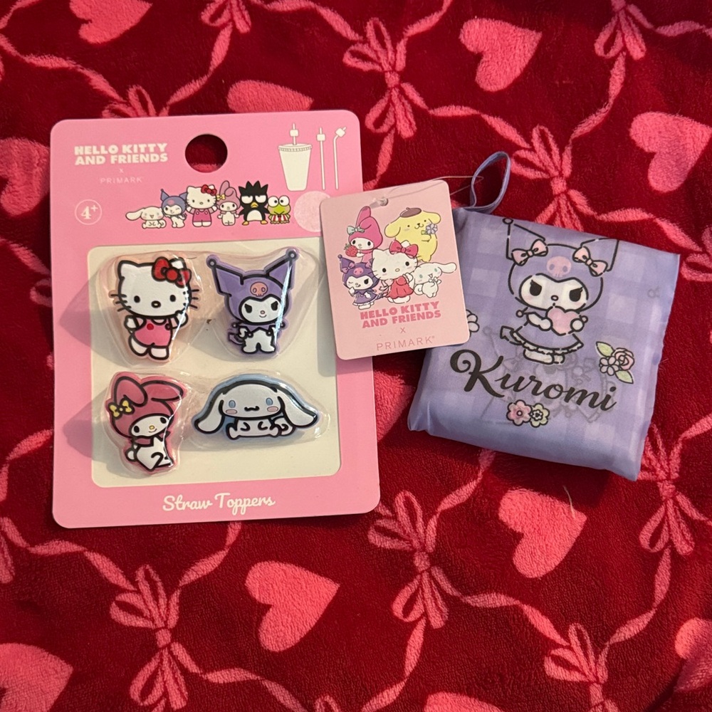 Hello Kitty & Friends Straw Toppers and Kuromi reusable bag